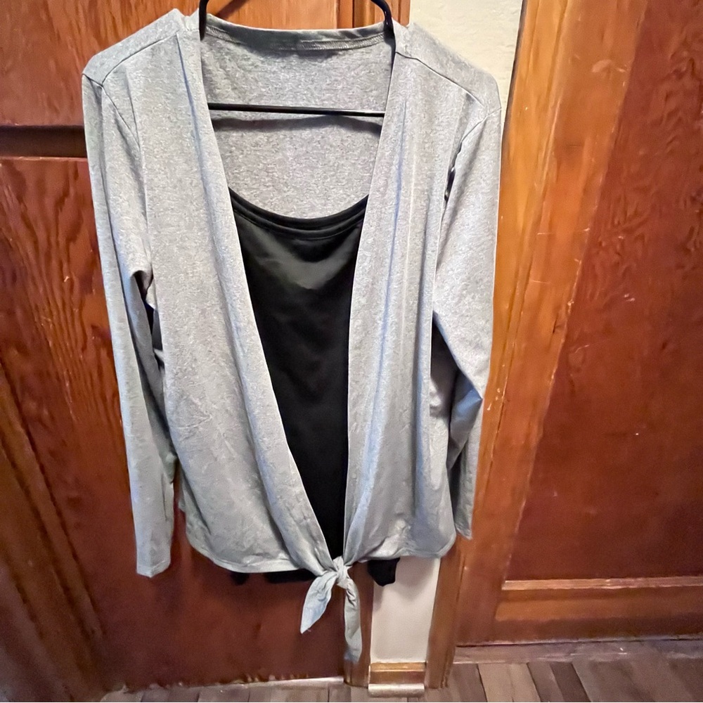 Gray Open-Front Cardigan with Black Tank Top and leggings